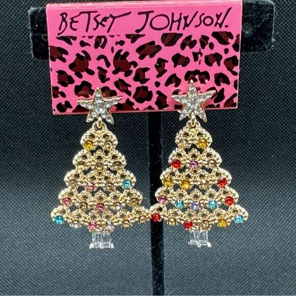 EARRINGS! Betsey Johnson Christmas Tree Earrings BNWT Multicolored Gemstones - Picture 1 of 6
